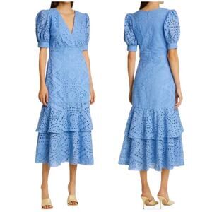 IORANE NWOT Laise Lace Midi Dress Blue Eyelet Tiered Ruffle Short Sleeve Dress M